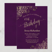 Invitation Elégante Plum Purple & Or Milestone Anniversaire (Devant / Derrière)
