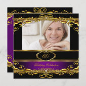 Invitation Élégante Plum violet Noir Or 60e fête d'anniversai (Devant / Derrière)