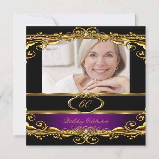 Invitation Élégante Plum violet Noir Or 60e fête d'anniversai (Devant)