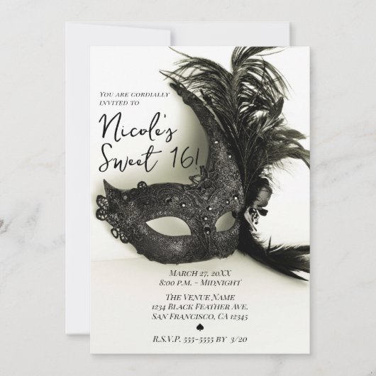 Invitation Elégante Plumes noires Masquerade Sage Sweet 16 (Devant)