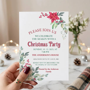 Invitation Elegante PoinsettiaGreen Feuilles Red Holly Berrie
