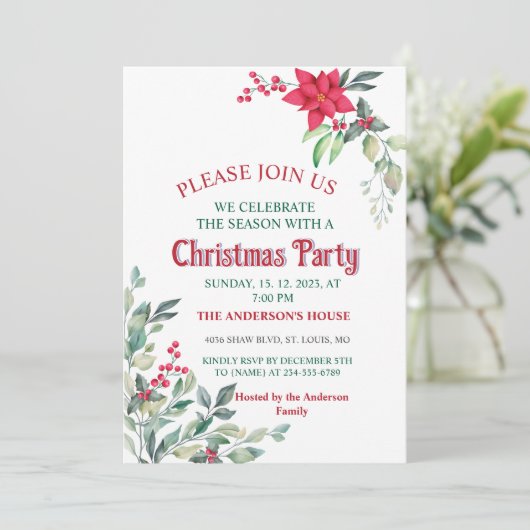 Invitation Elegante PoinsettiaGreen Feuilles Red Holly Berrie (Debout devant)