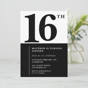 Invitation élégante pour 16 ans Black Chic Moderne