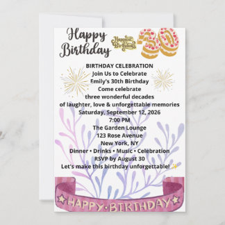 Invitation élégante pour 30e anniversaire – Fleurs