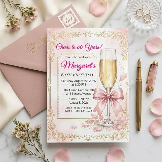 Invitation élégante pour 60 ans avec des fleurs ro