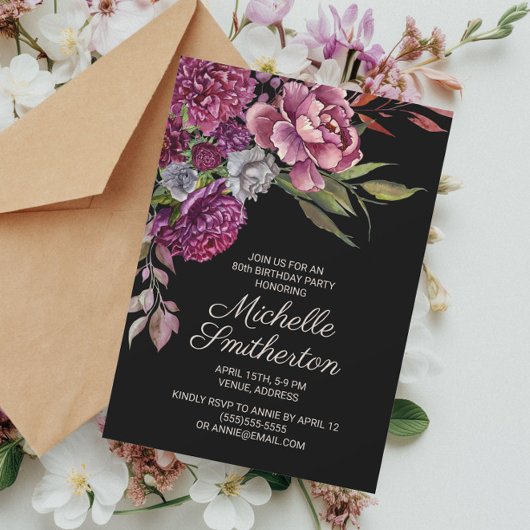 Invitation élégante pour 80 ans avec fleurs violet
