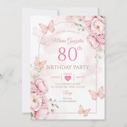 Invitation élégante pour 80e anniversaire papillon (Devant)