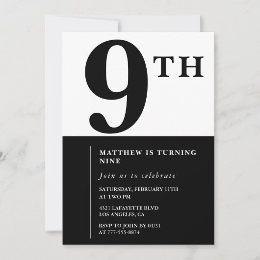 Invitation élégante pour 9 ans Black Chic Moderne (Devant)