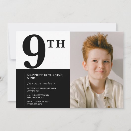 Invitation élégante pour 9 ans Black Chic Moderne (Devant)