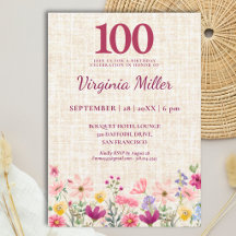 Invitation élégante pour les 100 ans avec fleurs s