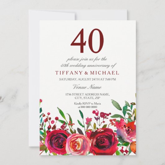 Invitation élégante pour les 40 ans de mariage Ros (Devant)