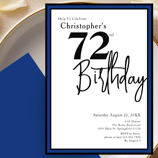 Invitation élégante pour les 72 ans avec du noir e