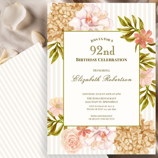 Invitation élégante pour les 92 ans avec des fleur