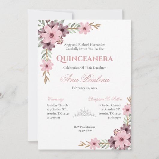 Invitation élégante pour Quinceañera à fleurs rose (Devant)