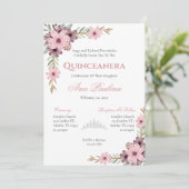 Invitation élégante pour Quinceañera à fleurs rose (Debout devant)