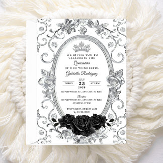 Invitation Élégante pour Quinceañera Florale Noir 