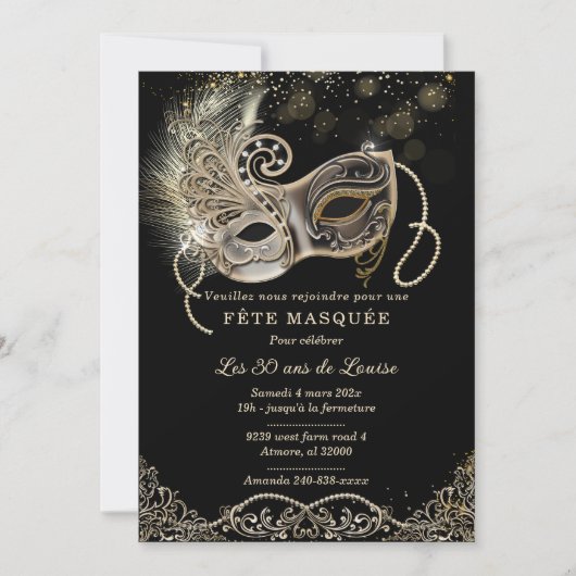 Invitation Elégante pour soirée masquée d'anniversaire (Devant)
