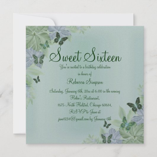 Invitation élégante pour Sweet 16 Papillon Vert & (Devant)