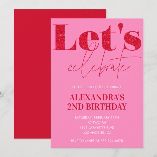 Invitation élégante pour un 2ème anniversaire Rose (Devant / Derrière)