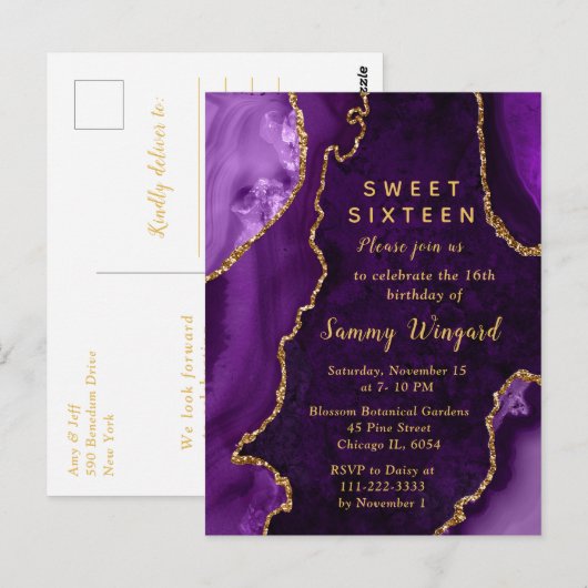 Invitation élégante pour un Sweet Sixteen Violet e (Devant / Derrière)