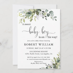 Invitation élégante pour une baby shower Eucalyptu