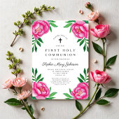 Invitation Élégante première communion florale rose