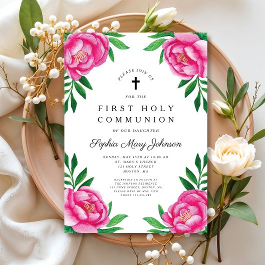 Invitation Élégante première communion florale rose