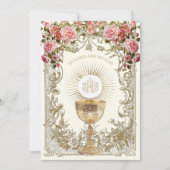 Invitation Élégante première communion rose Roses rouges (Devant)