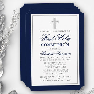 Invitation Élégante Première Sainte Communion Bleu et Argent