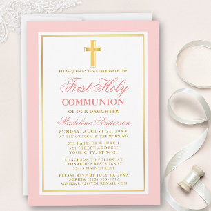Invitation Élégante Première Sainte Communion Or rose