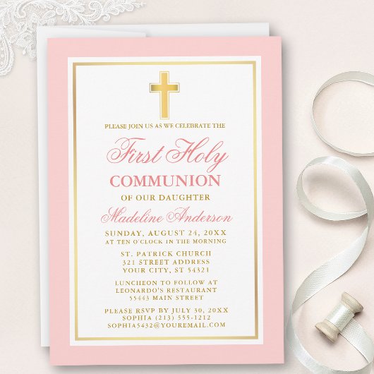 Invitation Élégante Première Sainte Communion Or rose