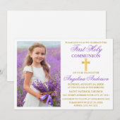 Invitation Élégante Première Sainte Communion Violet Gold Pho (Devant / Derrière)