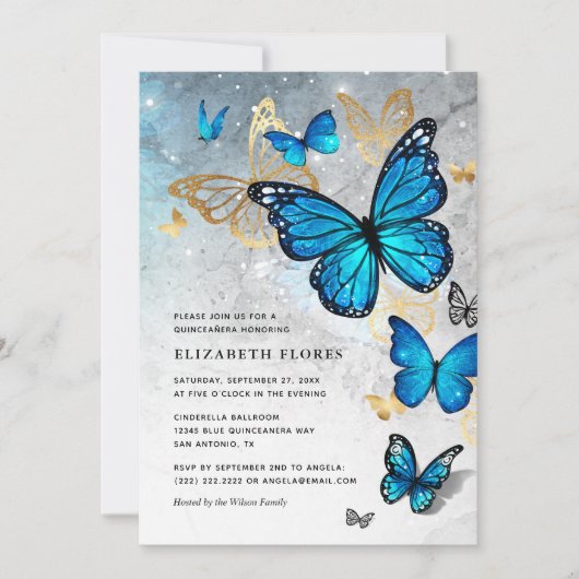 Invitation Élégante Princesse Bleu Or Papillon Quinceanera (Devant)