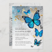 Invitation Élégante Princesse Bleu Or Papillon Quinceanera (Devant / Derrière)
