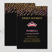 Invitation Élégante princesse Crown Sweet 16 sur Black (Devant / Derrière)