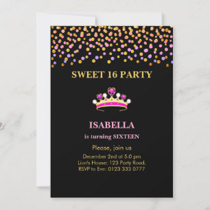 Invitation Élégante princesse Crown Sweet 16 sur Black