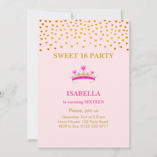 Invitation Élégante princesse Crown Sweet 16 sur rose (Devant)