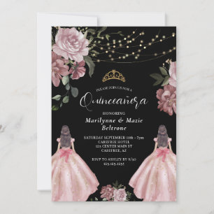 Invitation Elégante Princesse Floral Twins Quinceañera