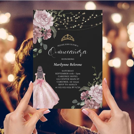 Invitation Elégante Princesse Florale Moderne Quinceañera