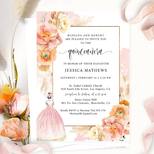 Invitation Élégante princesse florale rose unique Quinceañera