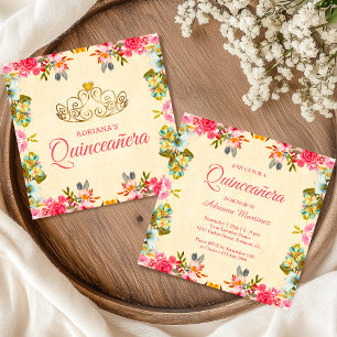 Invitation Élégante princesse florale rose Vintage Quinceaner