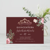 Invitation Élégante princesse florale tiara bordeaux Quincean (Debout devant)