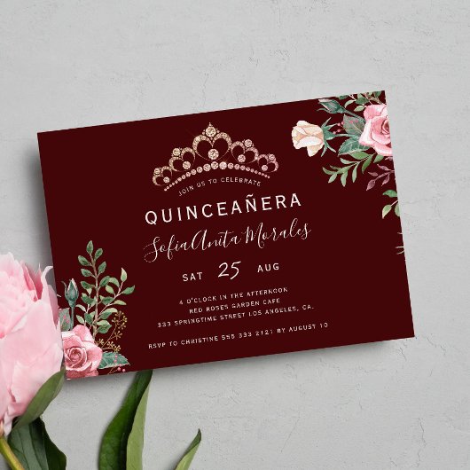 Invitation Élégante princesse florale tiara bordeaux Quincean