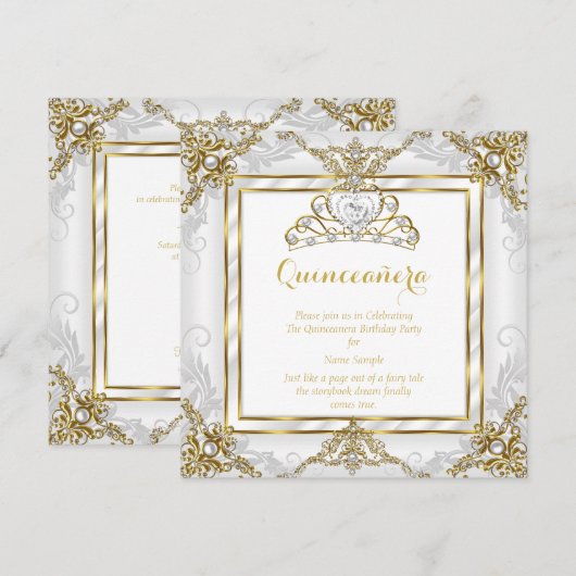 Invitation Elégante Princesse Quinceanera Gold White Pearl (Devant / Derrière)