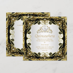 Invitation Élégante princesse Quinceanera perle d'or noir