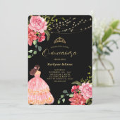 Invitation Élégante Princesse rose Floral Quinceañera (Debout devant)