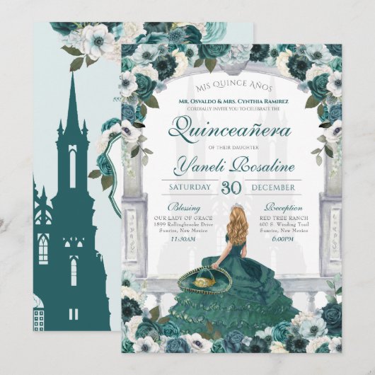 Invitation Élégante princesse Rose verte Charro Quinceañera (Devant / Derrière)
