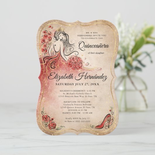 Invitation Elégante princesse Rouge et Or Quinceanera Anniver (Debout devant)
