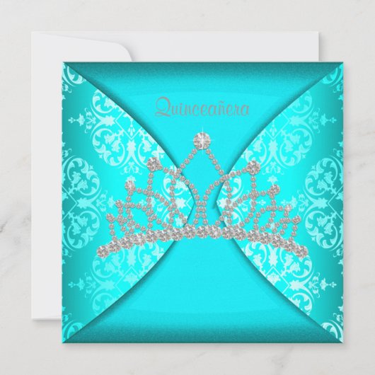 Invitation Elégante Princesse Tiara Turquoise Blue Quinceaner (Devant)
