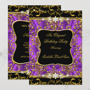 Invitation Elégante Purple Damask Black Gold fête d'anniversa